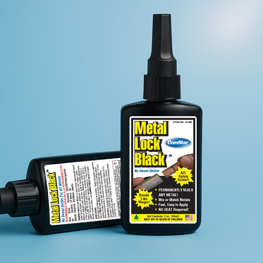 ComStar Metal Lock Black no-heat solder bottle for permanent metal bonding, bonds copper, steel, aluminum, brass, and iron without torch or brazing.